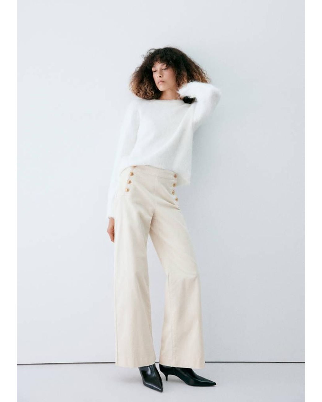 Mango White Velvet Wide Leg Trousers