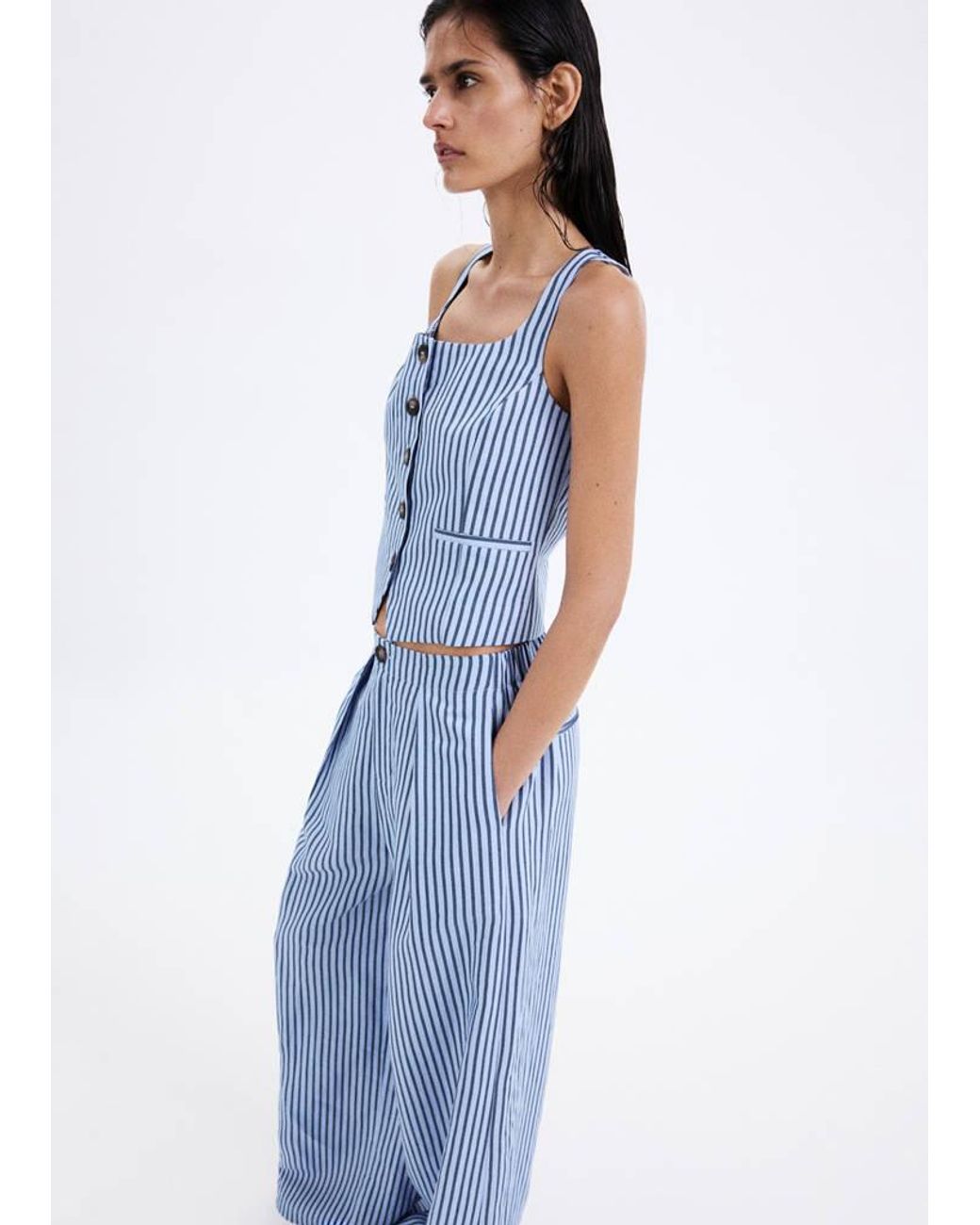Mango Blue Striped Flowy Trousers