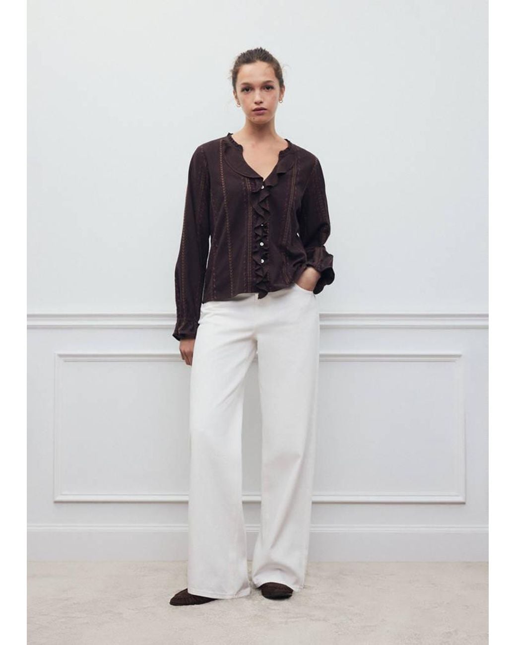 MANGO TEEN White Embroidered Scalloped Shirt