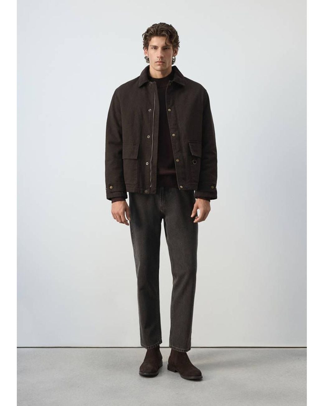 Mango Black 100% Cotton Jacket With Corduroy Collar for men