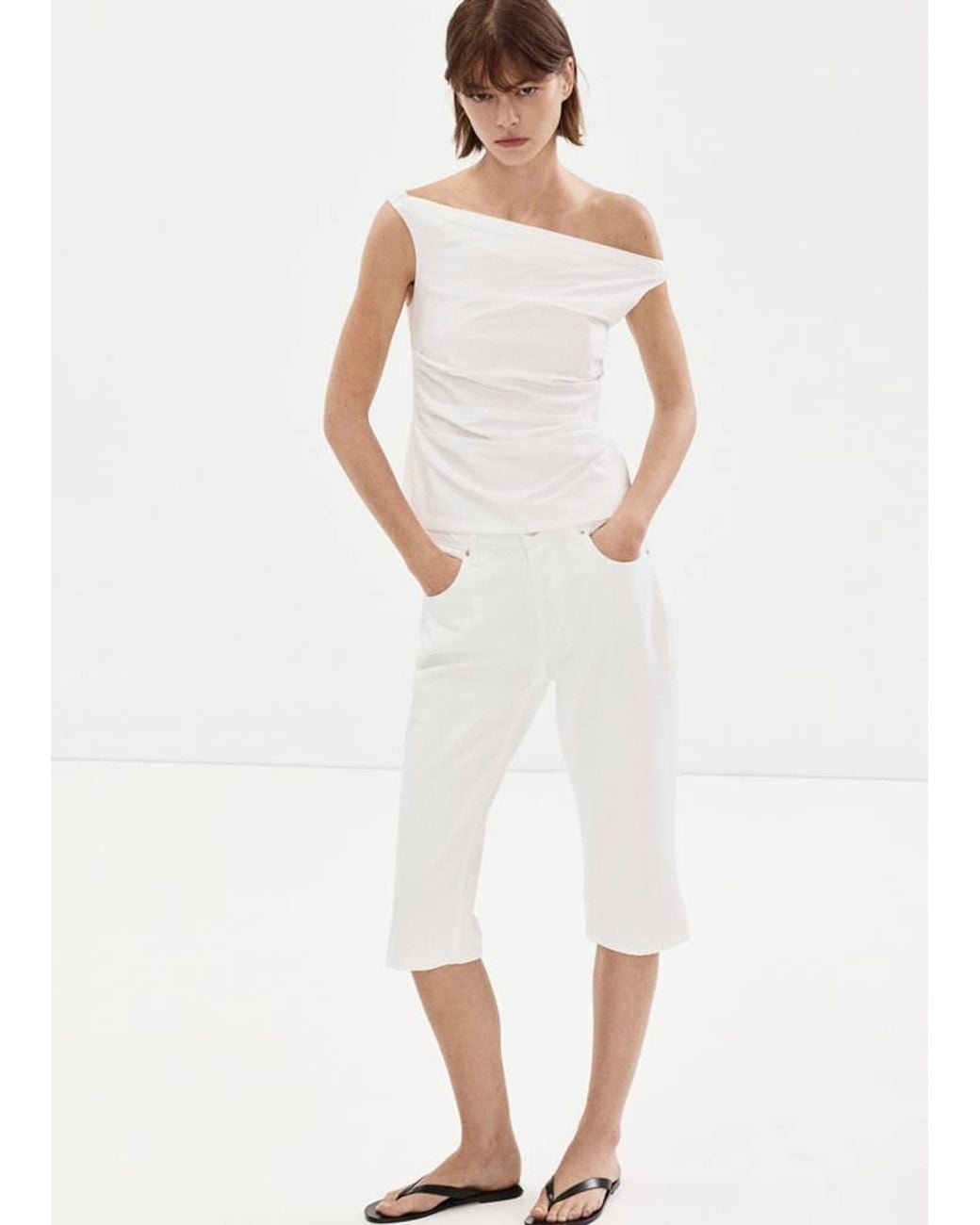 Mango White Draped Cotton Top
