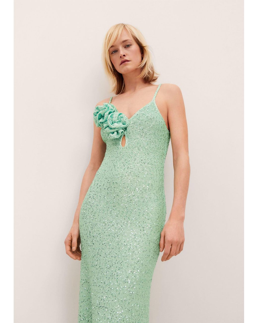 mango green sequin dress MANGO Sequined Dress With Flower Detail
