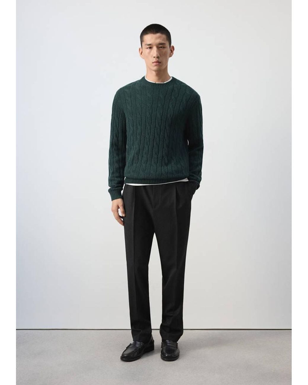 Mango Green 100% Wool Cable-Knit Jumper for men