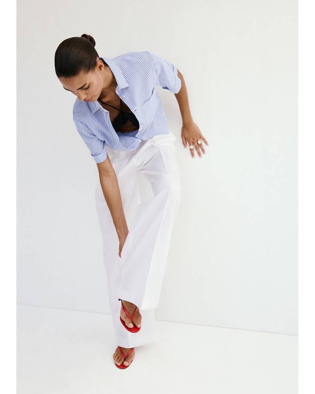 Mango White Striped Cotton Linen Shirt