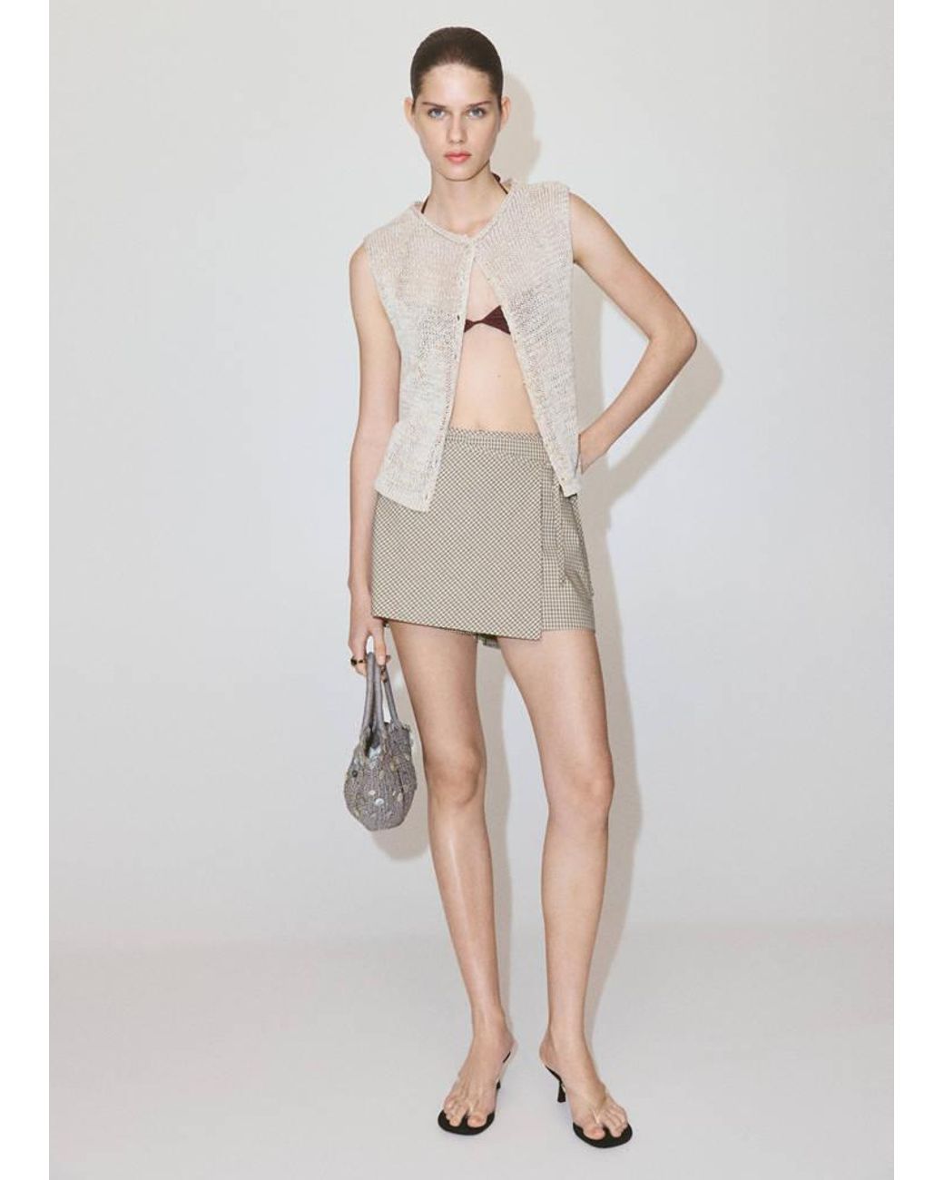 Mango White Checked Tie-Waist Skort