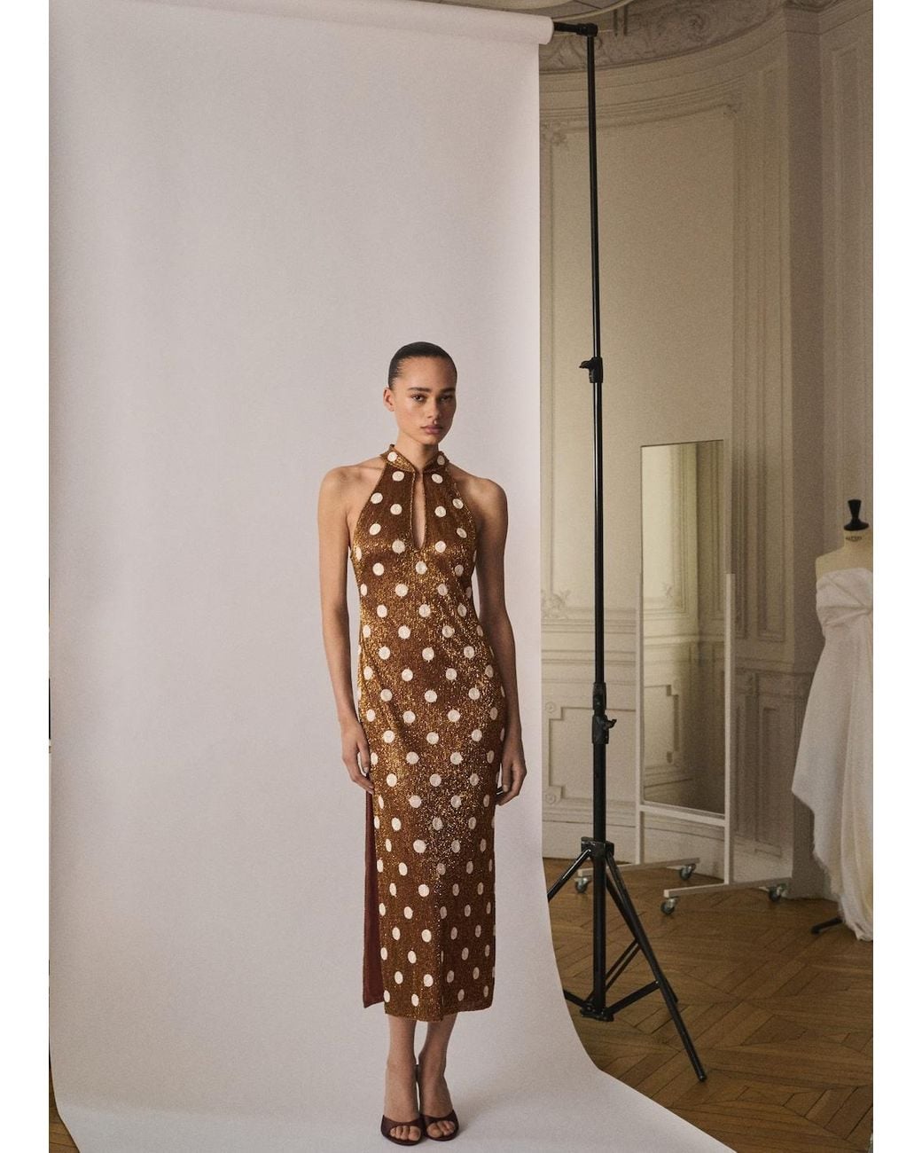 mango metallic polka dot dress Mango Rhinestone Polka-Dot Halter Dress in Brown