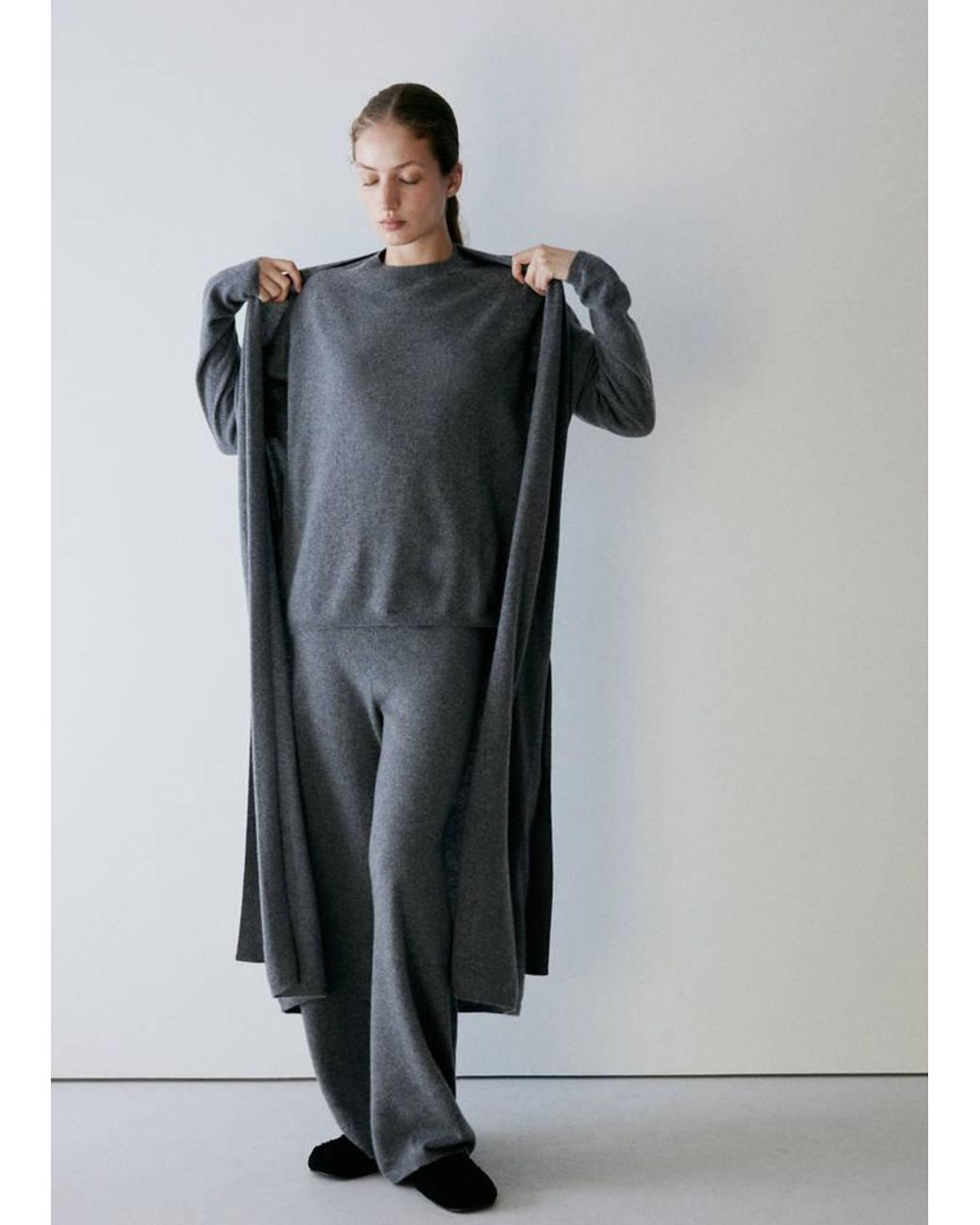 Mango Gray 100% Cashmere Long Cardigan With Design