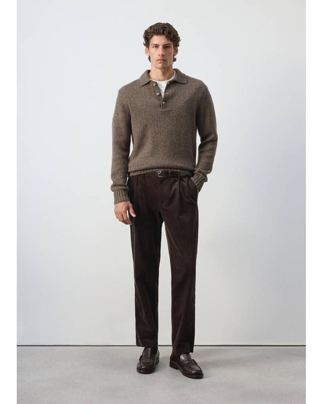 Mango Green Knitted Wool Blend Polo Sweater for men