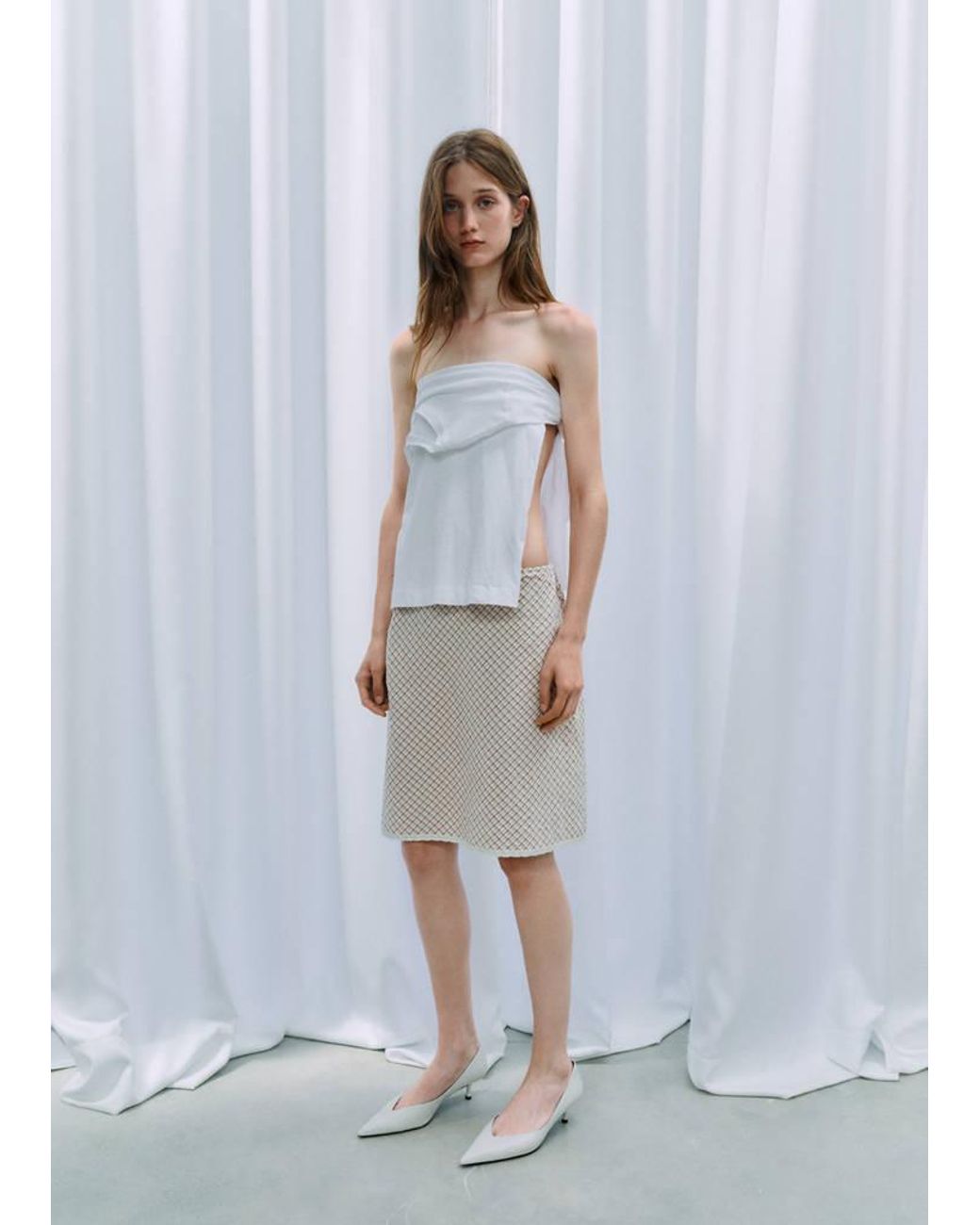 Mango White Flowy Check Skirt