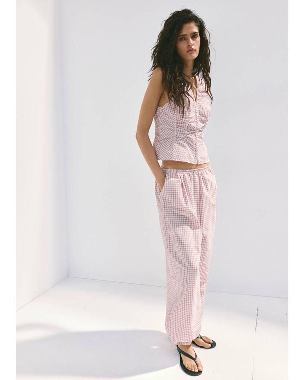 Mango Pink V-Neck Checked Blouse