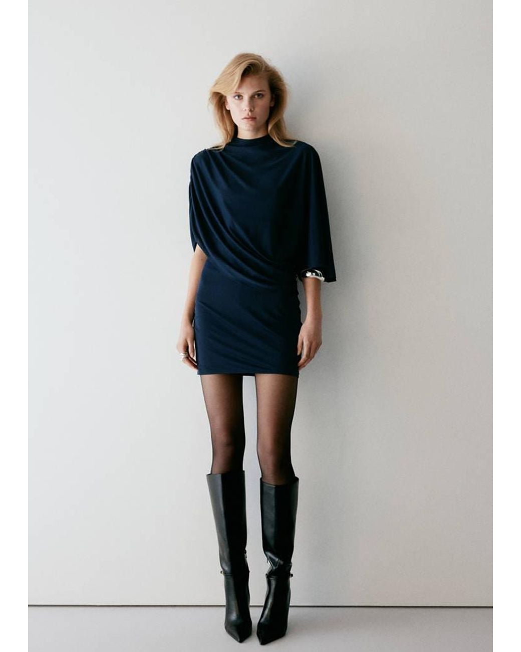 Mango Blue Draped Dress With Asymmetric Sleeve
