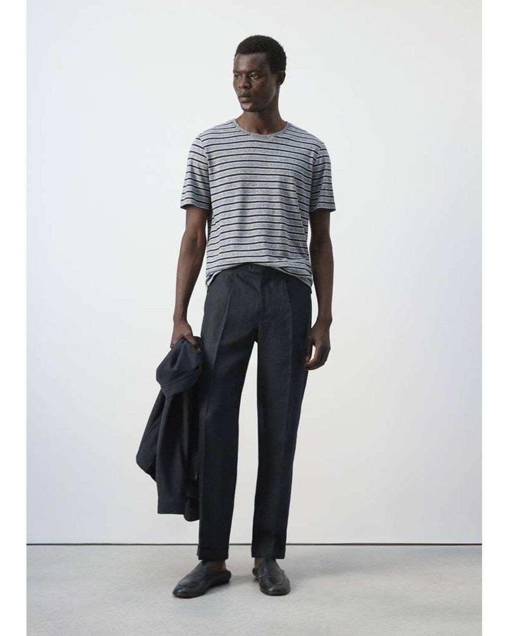 Mango White Linen Blend Striped T-Shirt for men