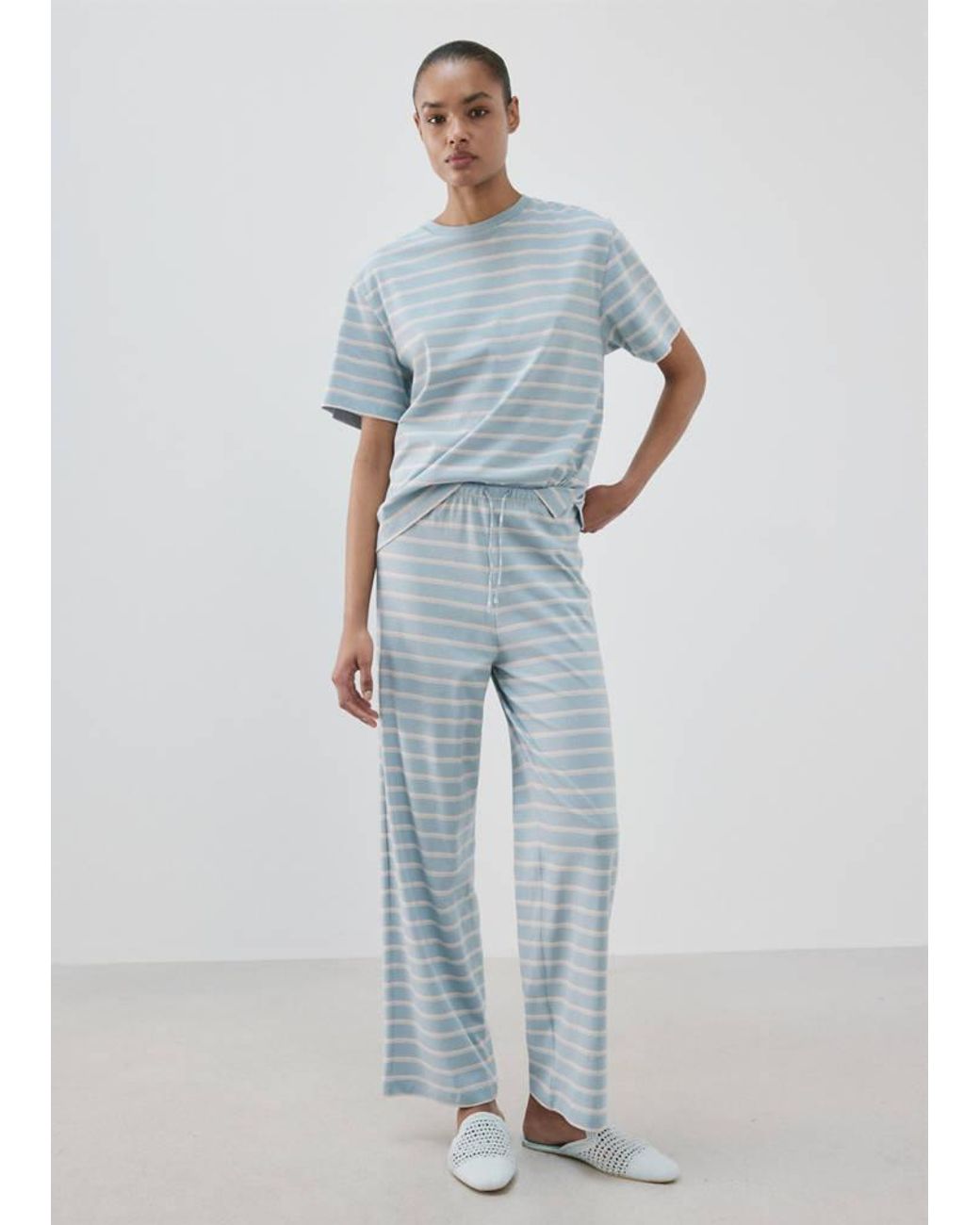 Mango Blue Cotton Striped Pyjama Bottoms