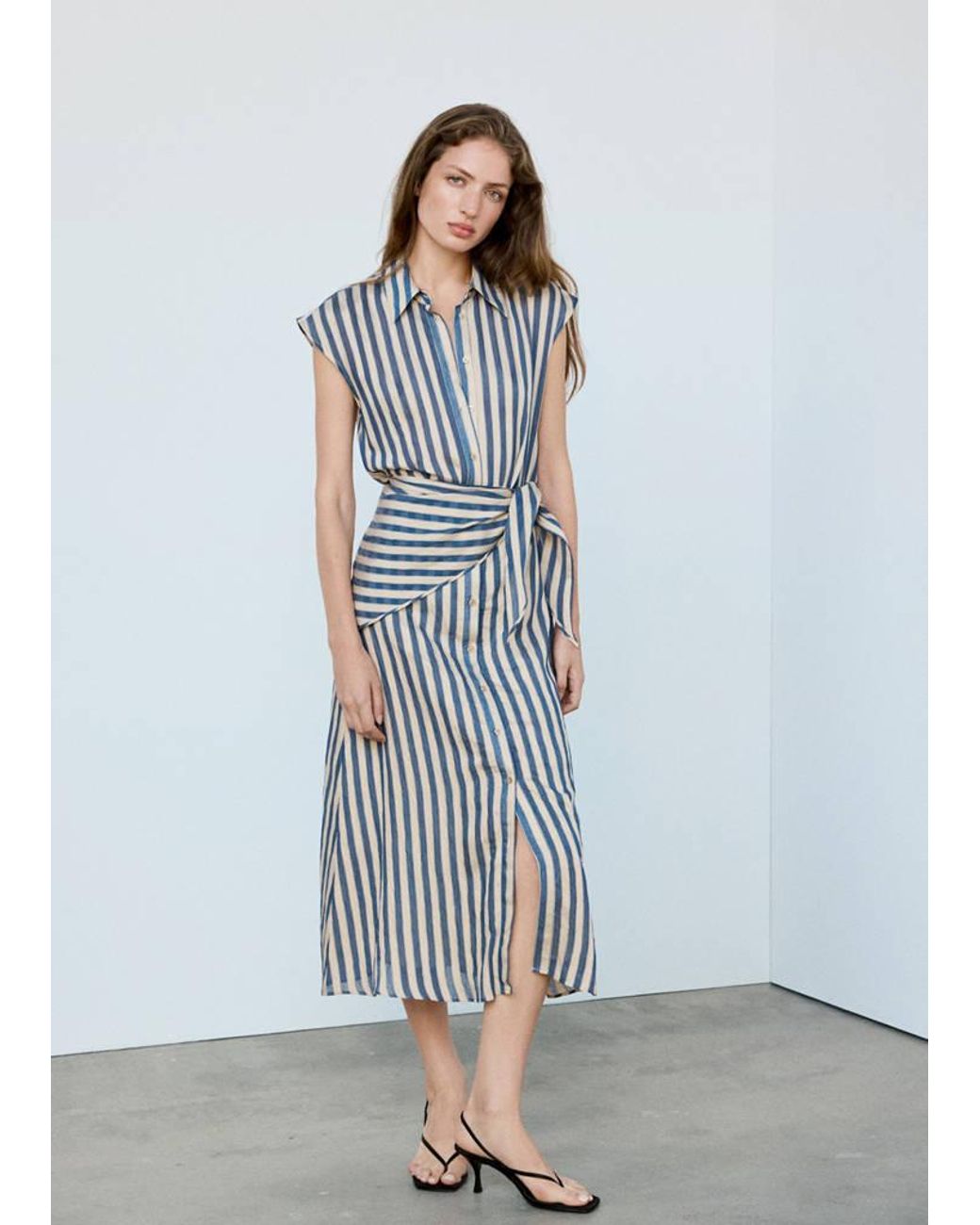 Mango Blue Striped Scarf Shirt Dress