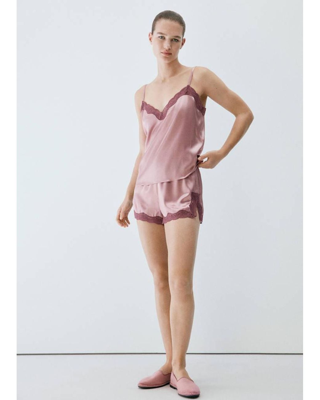 Mango Pink Silk Shorts With Contrasting Lace Trim