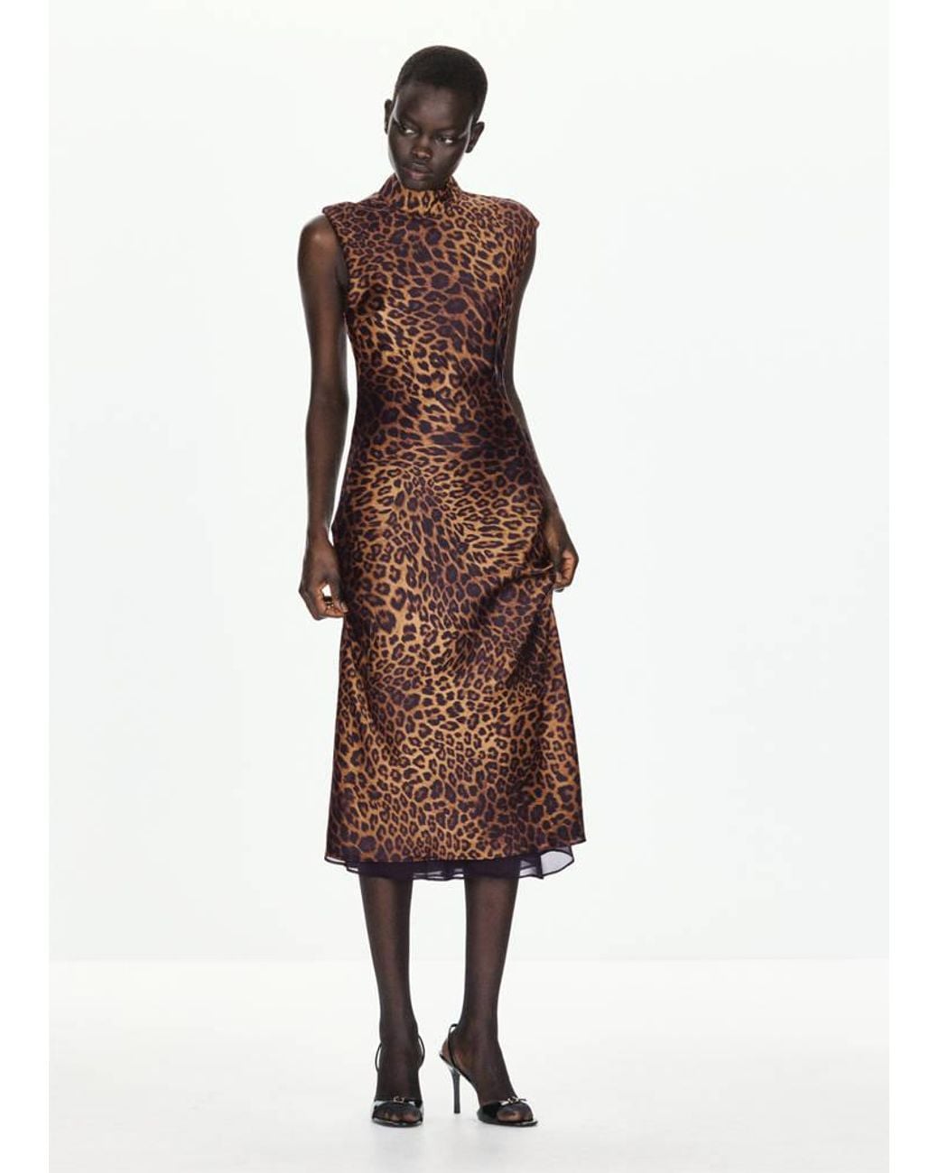 Mango Brown Leopard Print Dress With A Roll Neck