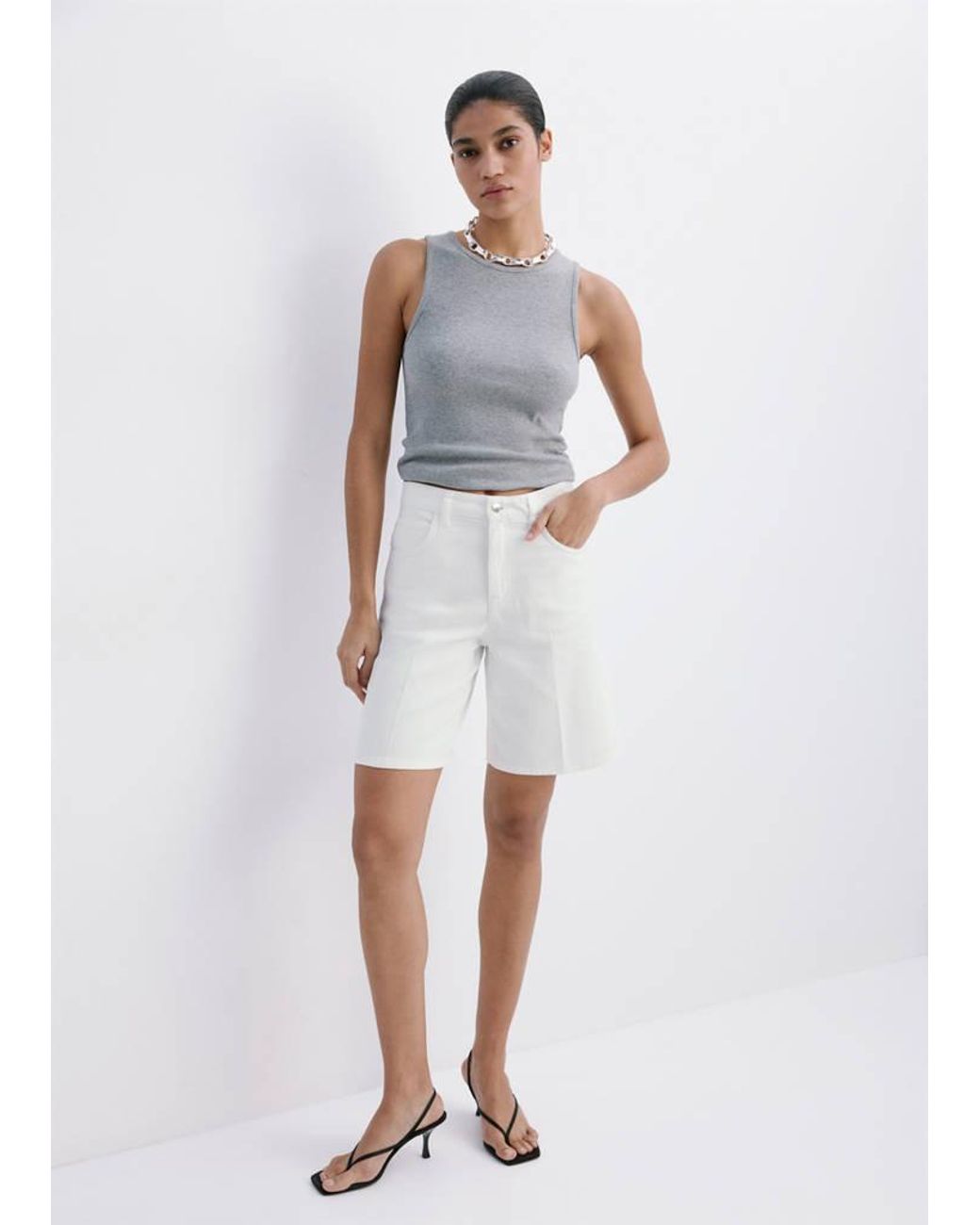Mango White Straight-Fit Denim Bermuda Shorts