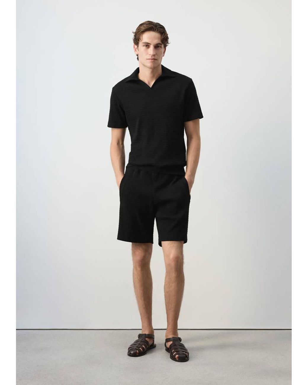 Mango Black 100% Cotton Textured Bermuda Shorts for men