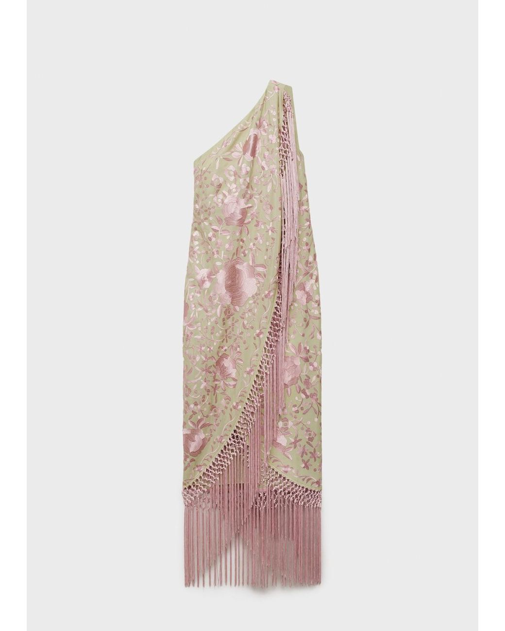 asymmetrical dress with embroidered fringes Mango in Natural Color:Red White Floral FIT About 32” from material-composition:96% polyester| 4% spandex LUI ASYMMETRICAL HEM MIDI
