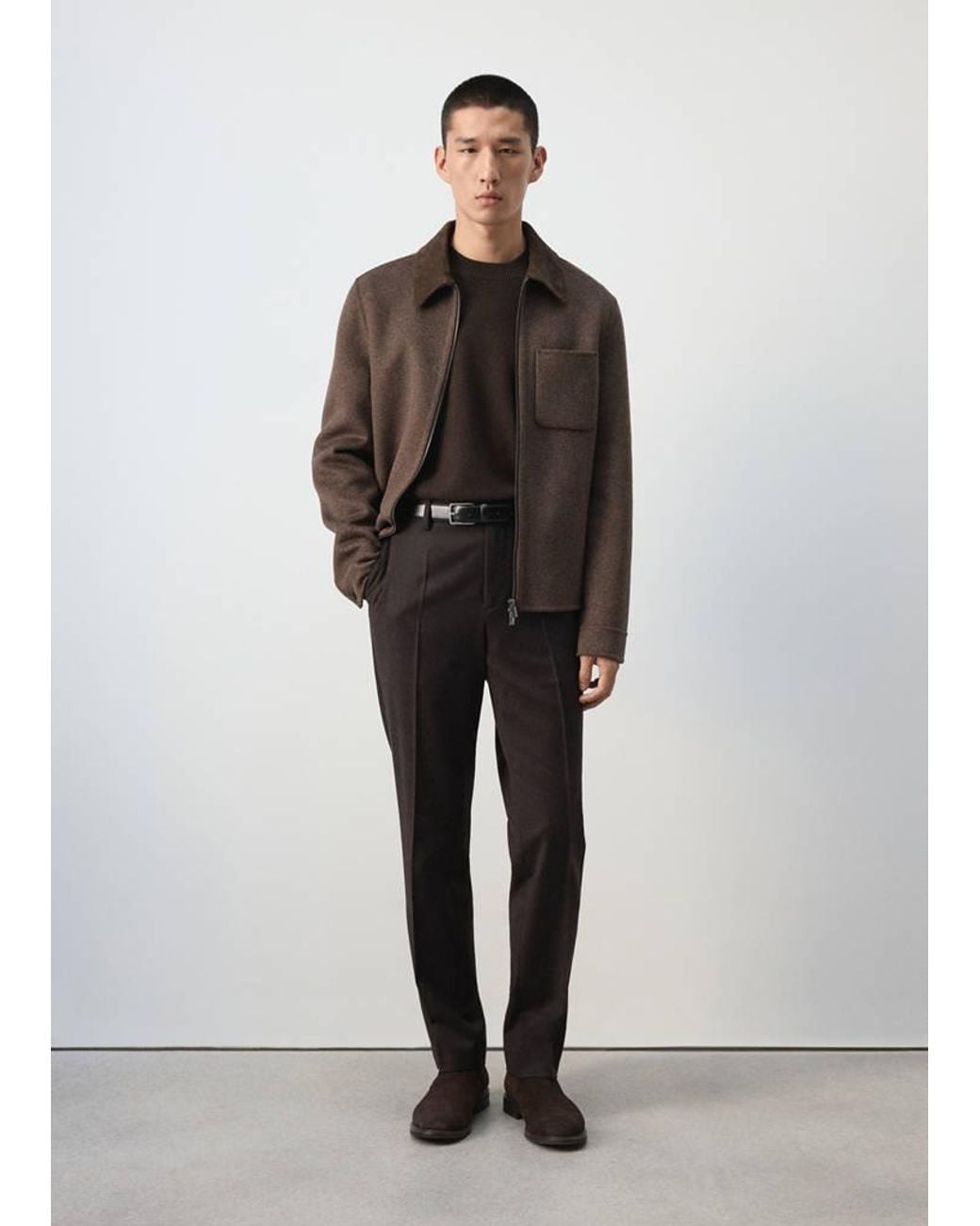 Mango Brown Straight-Leg Wool-Cotton Blend Trousers for men
