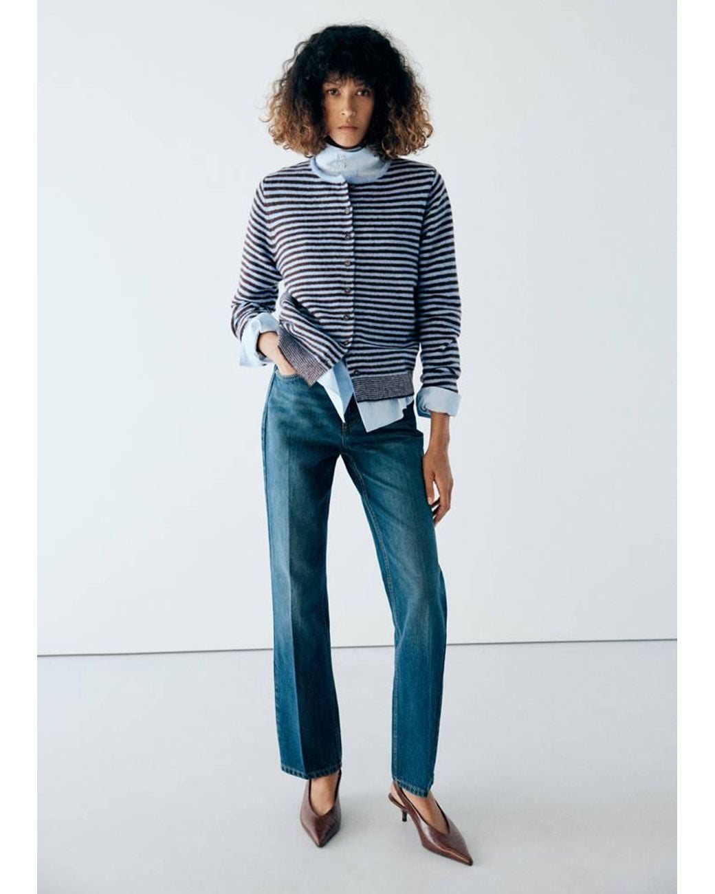 Mango Blue Striped Cardigan With Detachable Scarf