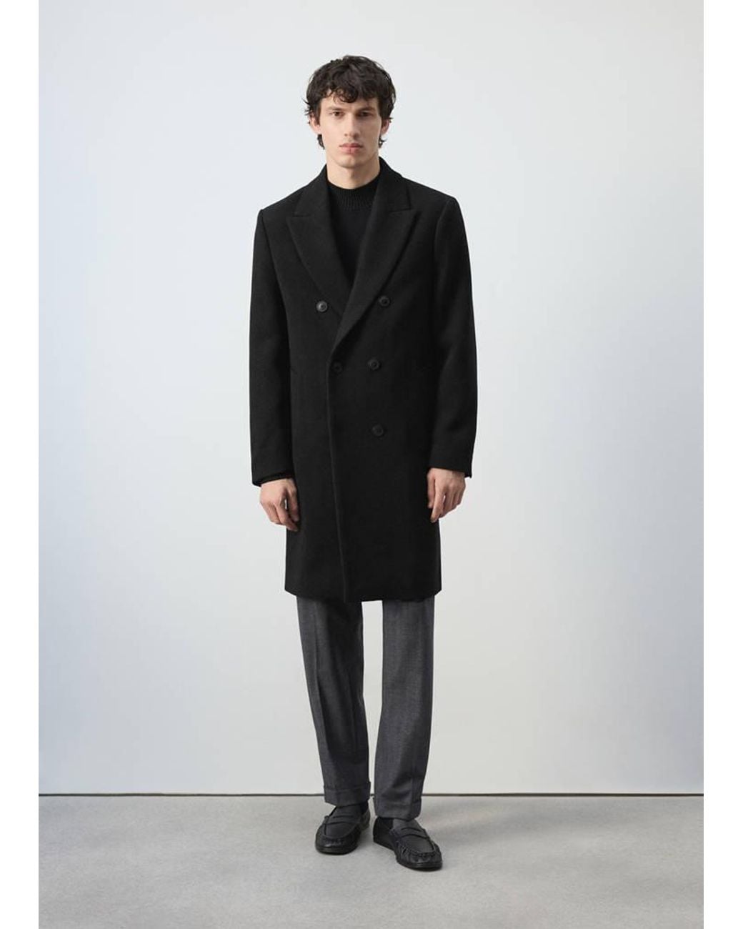 Mango Black Double-Breasted Wool-Blend Coat for men