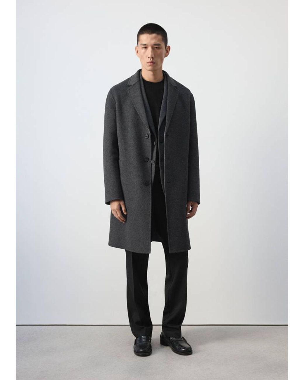 Mango Black Wool-Blend Coat With Button Fastening for men