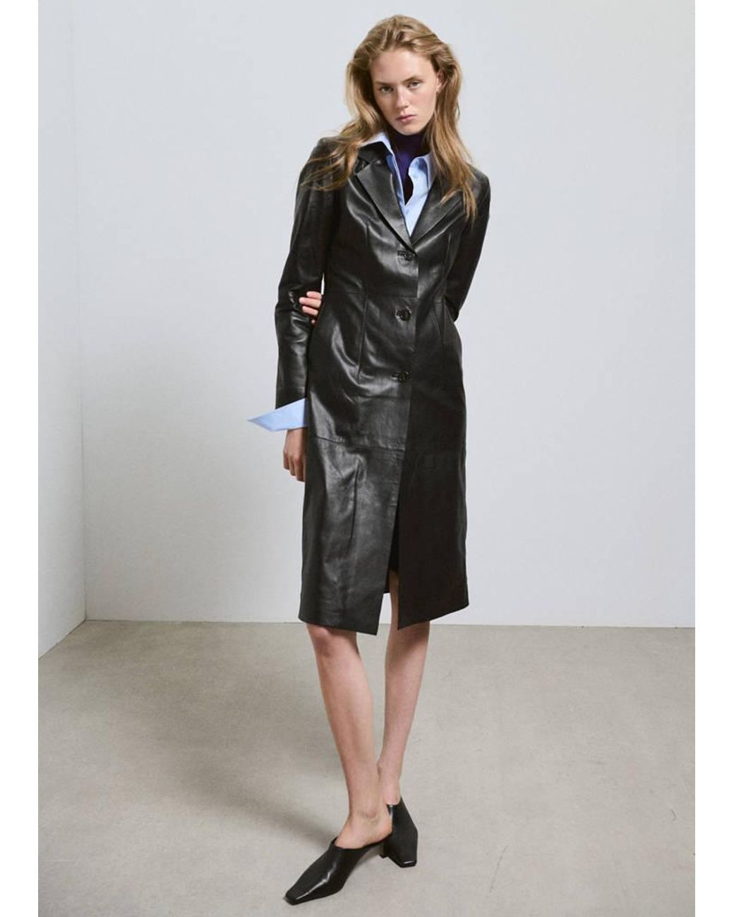 Mango Black Leather Coat With Lapels