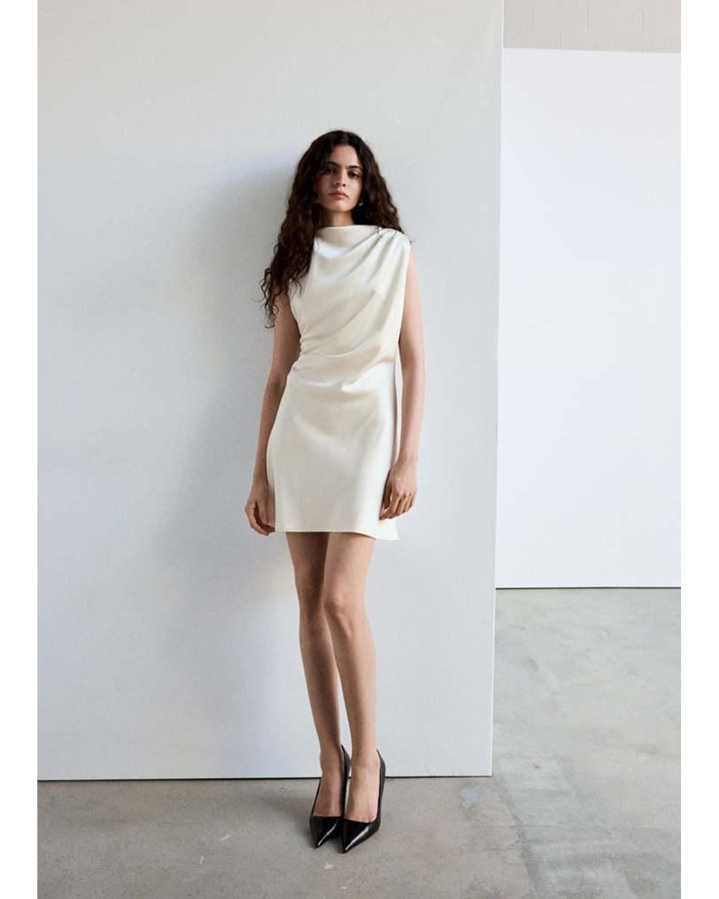 Mango White Ruched Dress With Draped Neckline