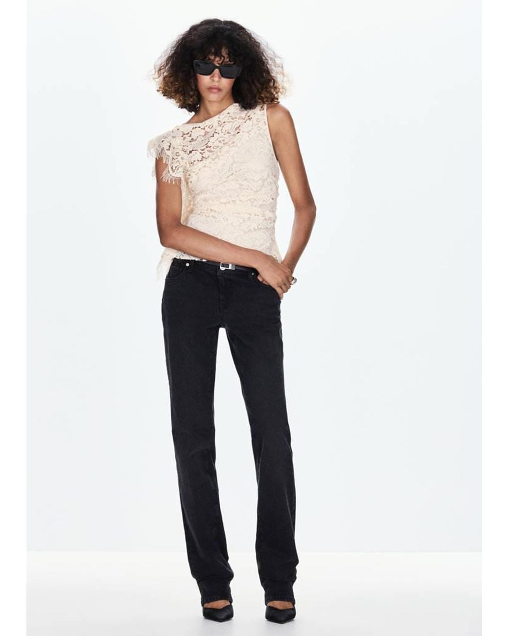 Mango Blue Asymmetric Lace Top