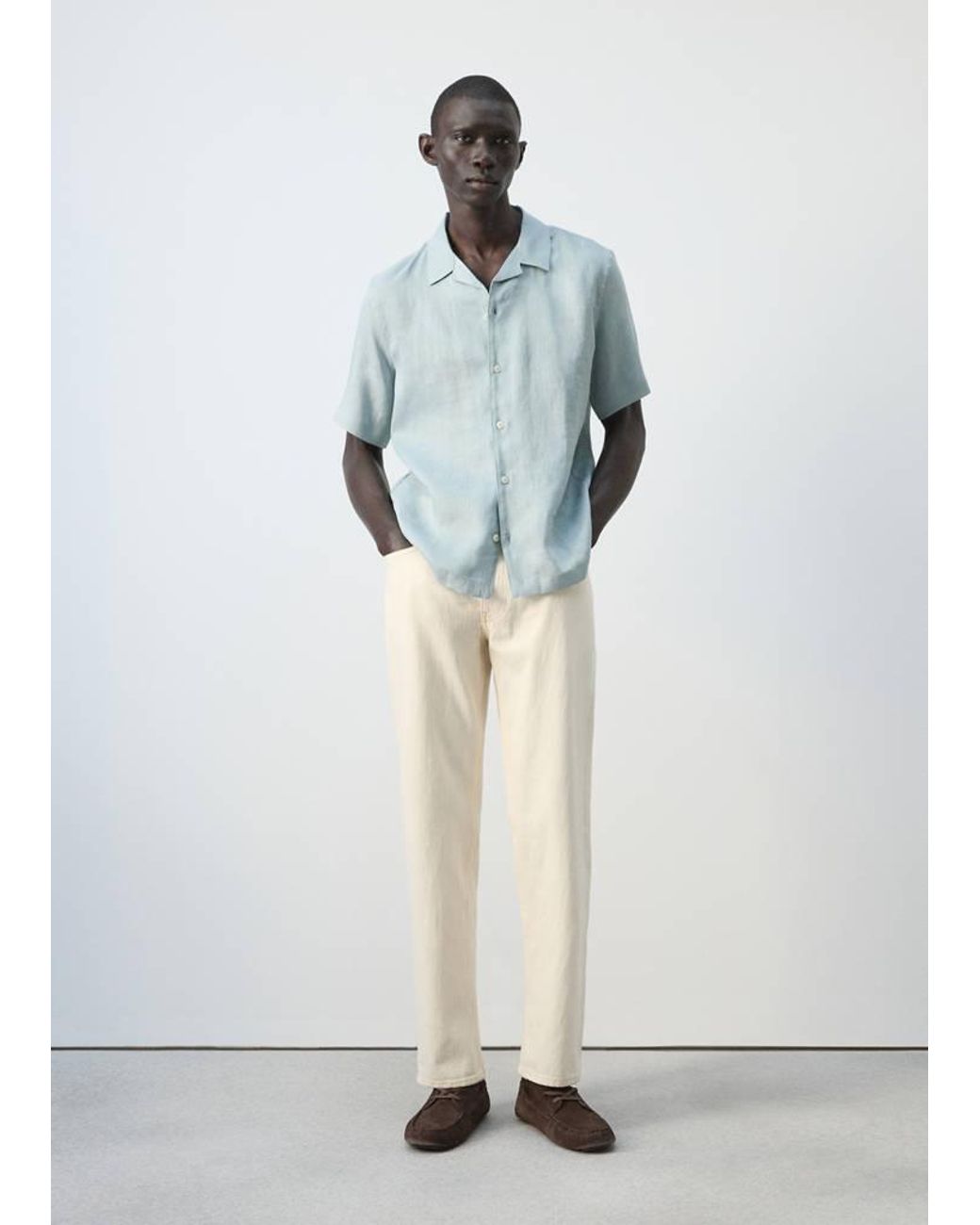 Mango White 100% Linen Bowling-Collar Shirt for men
