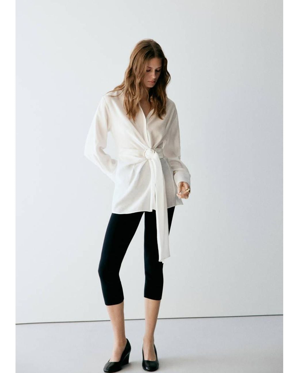 Mango White Ruched Shirt With Metallic Accents