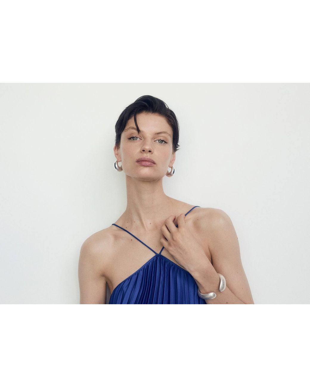Mango Pleated Halter Neck Dress in Blue | Lyst UK