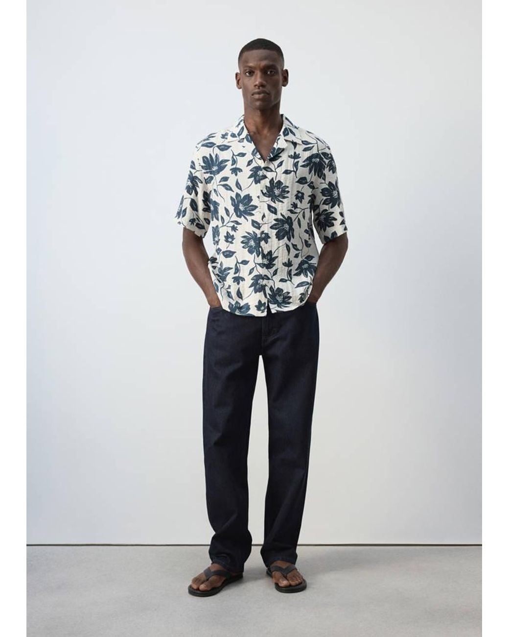 Mango White Flowy Floral Print Shirt for men