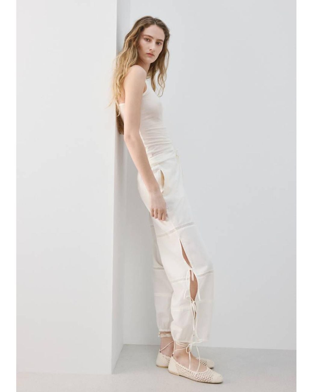 Mango White Cotton Baggy Trousers With Bows Ivory