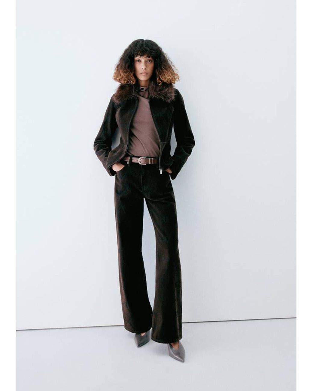 Mango Black Velvet Jacket With Fur Collar