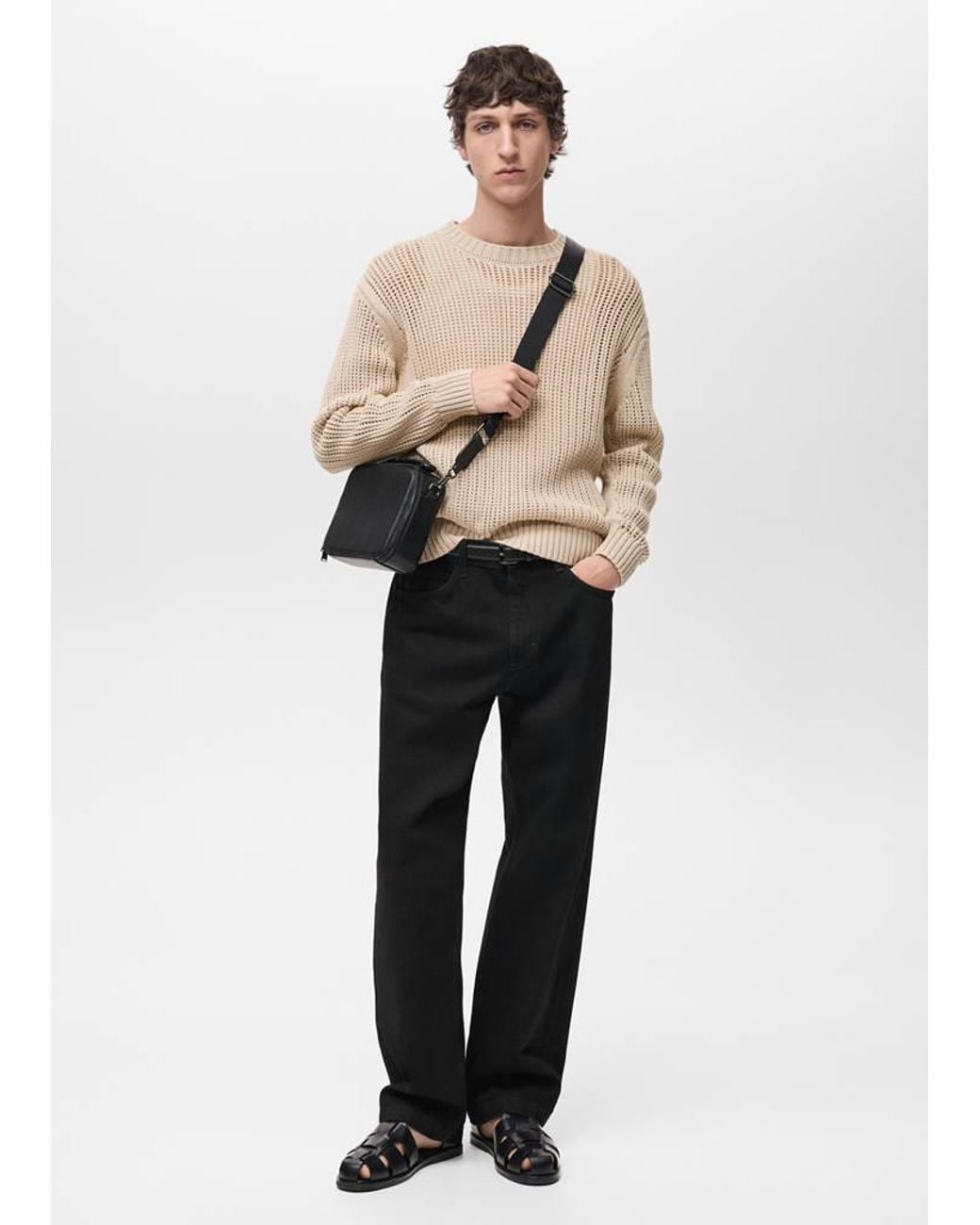 Mango White 100% Cotton Openwork Knitted Sweater for men