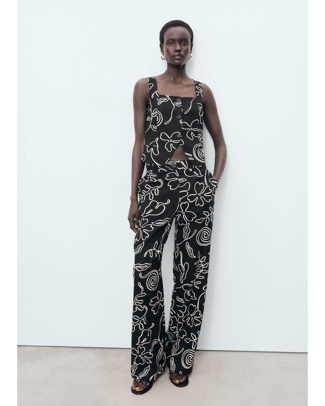 Mango Gray Floral-Print Linen Suit Waistcoat