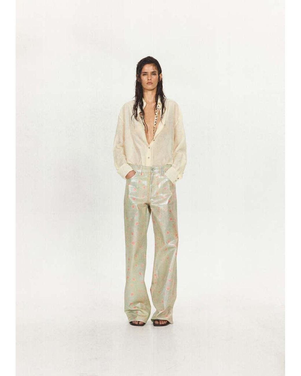 Mango White Semi-Transparent Shirt With Beaded Belt