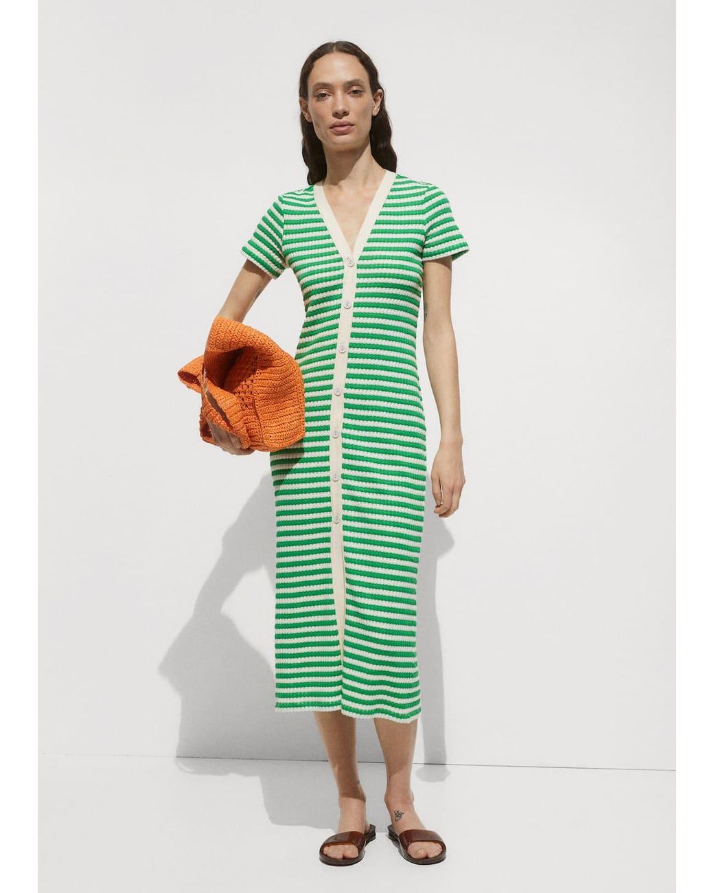 Mango Button Crochet Dress in Green Lyst UK