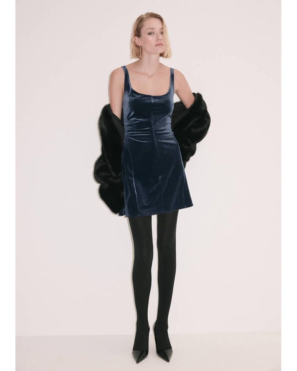 Mango Blue Velvet Short Dress