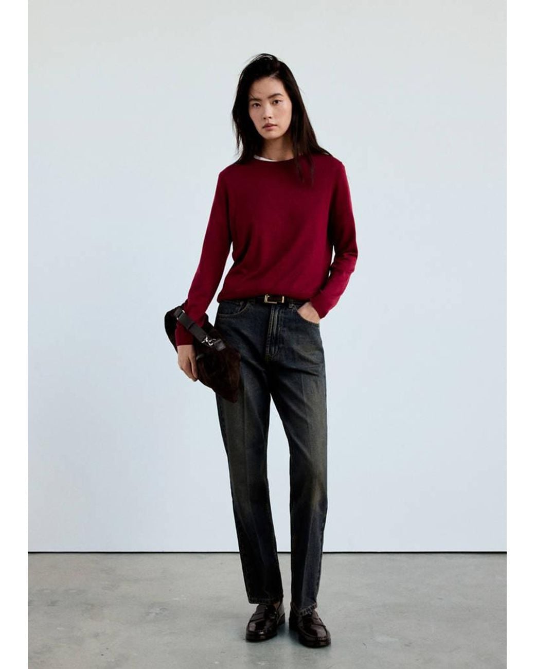 Mango Red Fine-Knit Crew-Neck Sweater