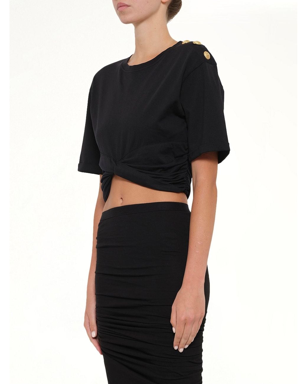 Balmain Black Cropped Knotted T-Shirt