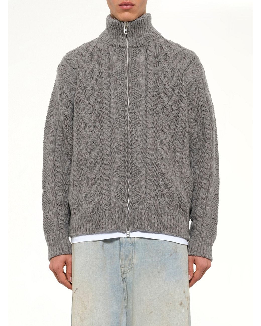 vowels Gray Cable Knit Zip Up for men