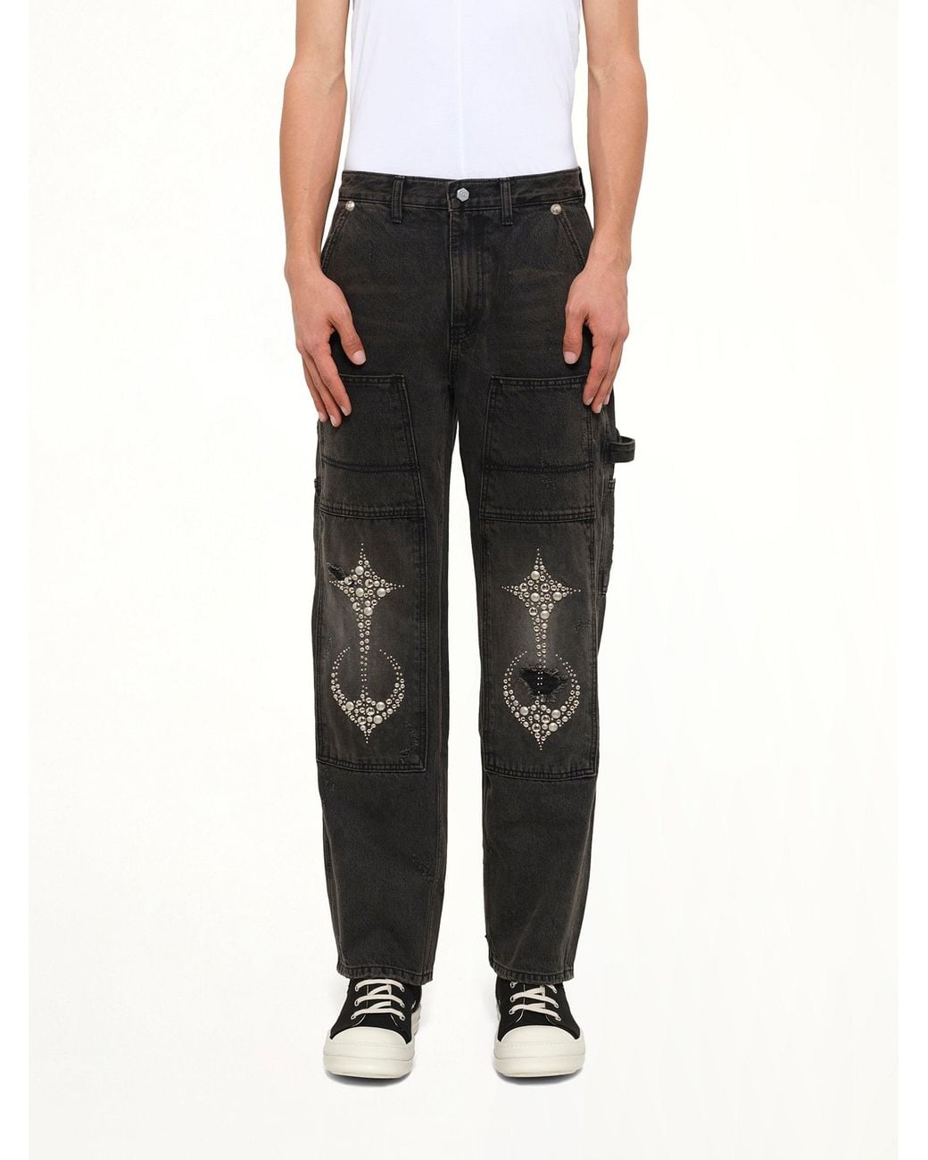 THUG CLUB Black Studded Knee Carpenter Pants for men