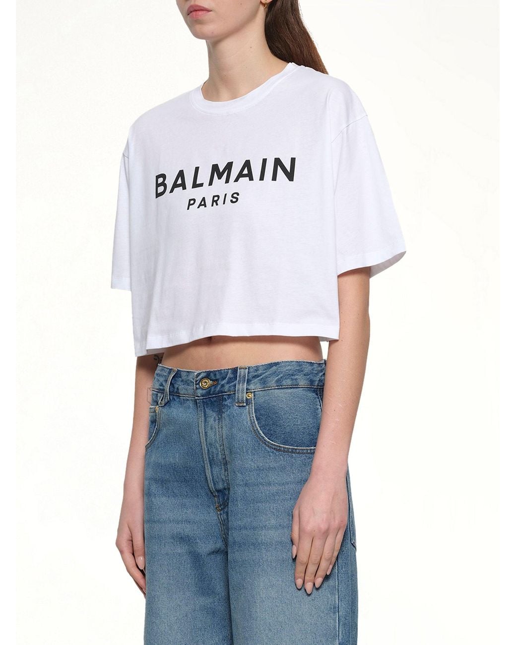 Balmain White Logo Print Cropped T-Shirt