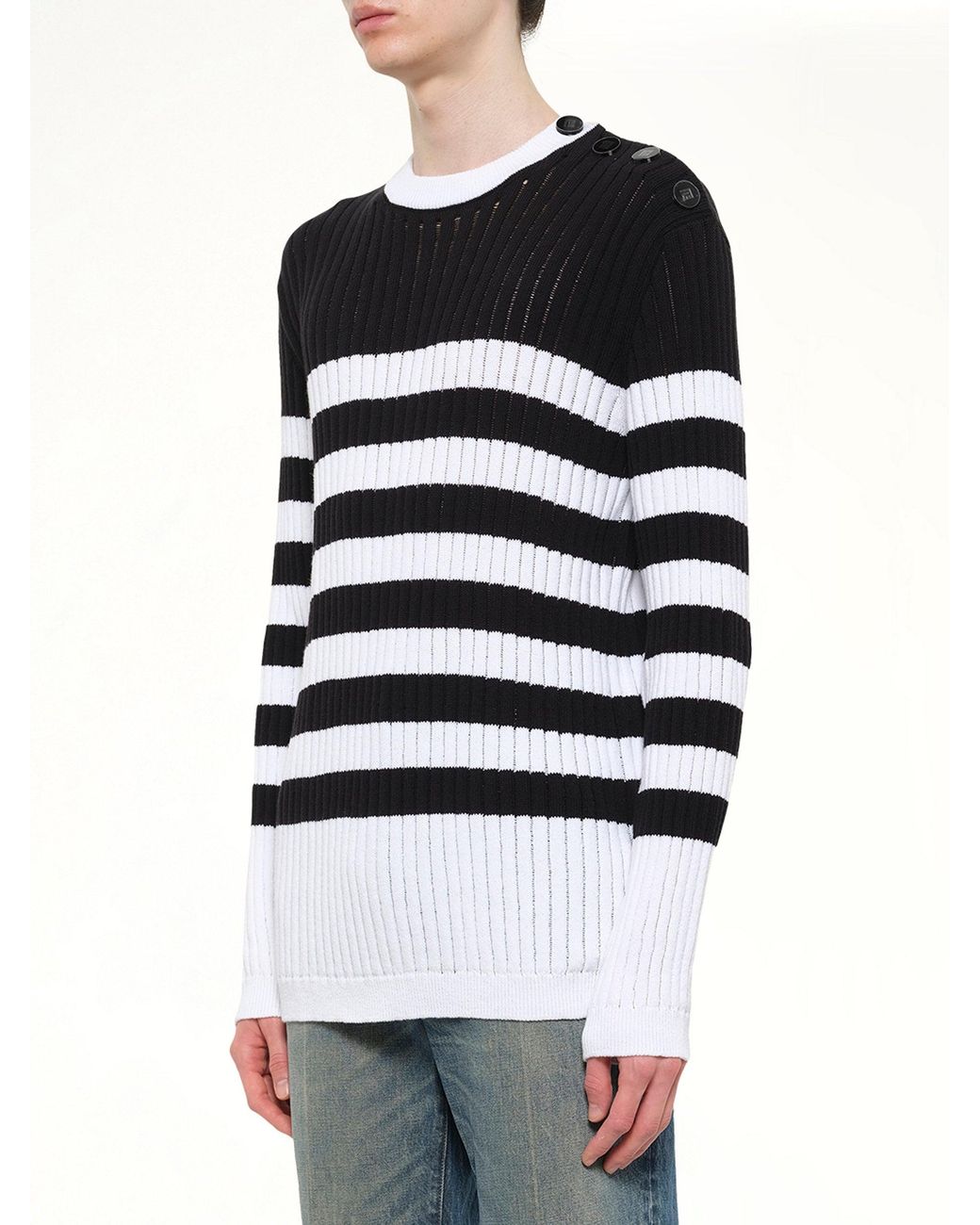 Balmain Black Btn Mariniere Ribbed Cotton Knit Sweater for men