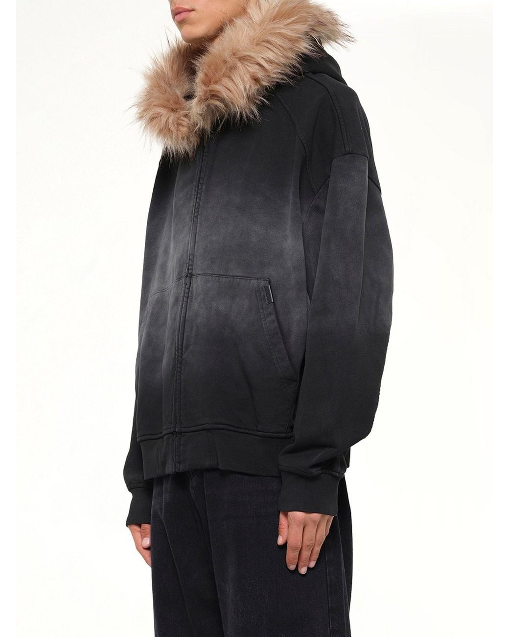 Feng Chen Wang Black Washed Faux Fur-Trim Zip-Up Hoodie for men