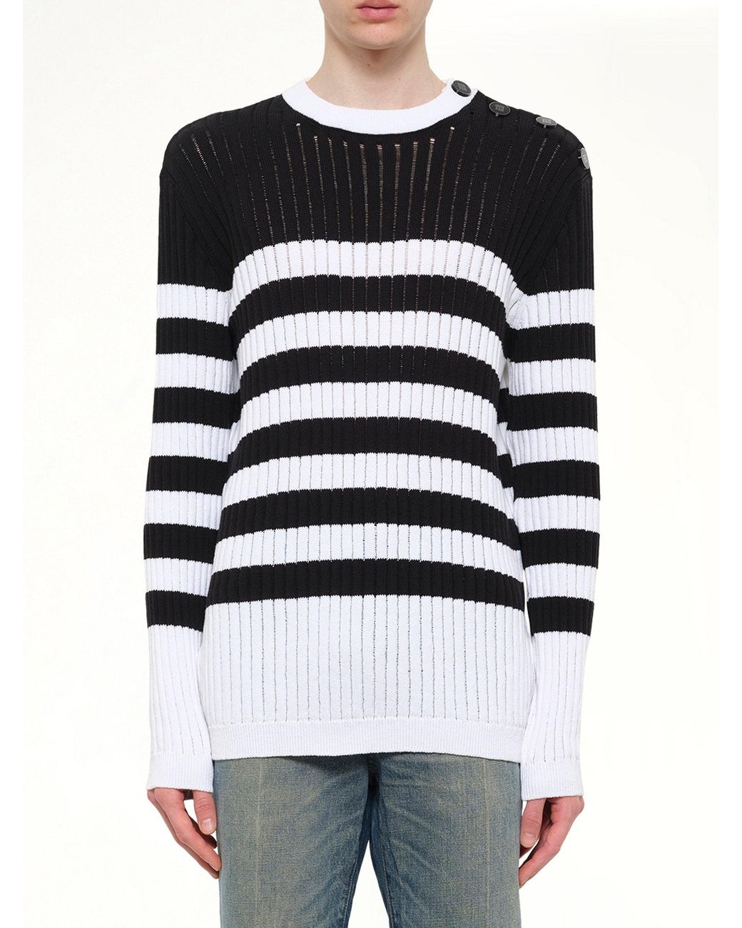 Balmain Black Btn Mariniere Ribbed Cotton Knit Sweater for men