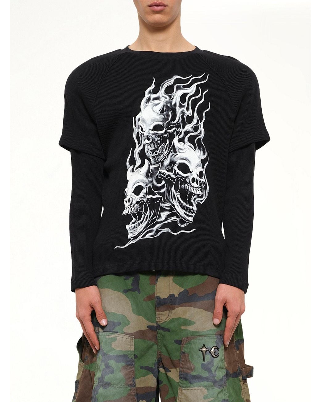 THUG CLUB Black Bulk Shoulder Three Riding Skull Layered T-Shirt for men